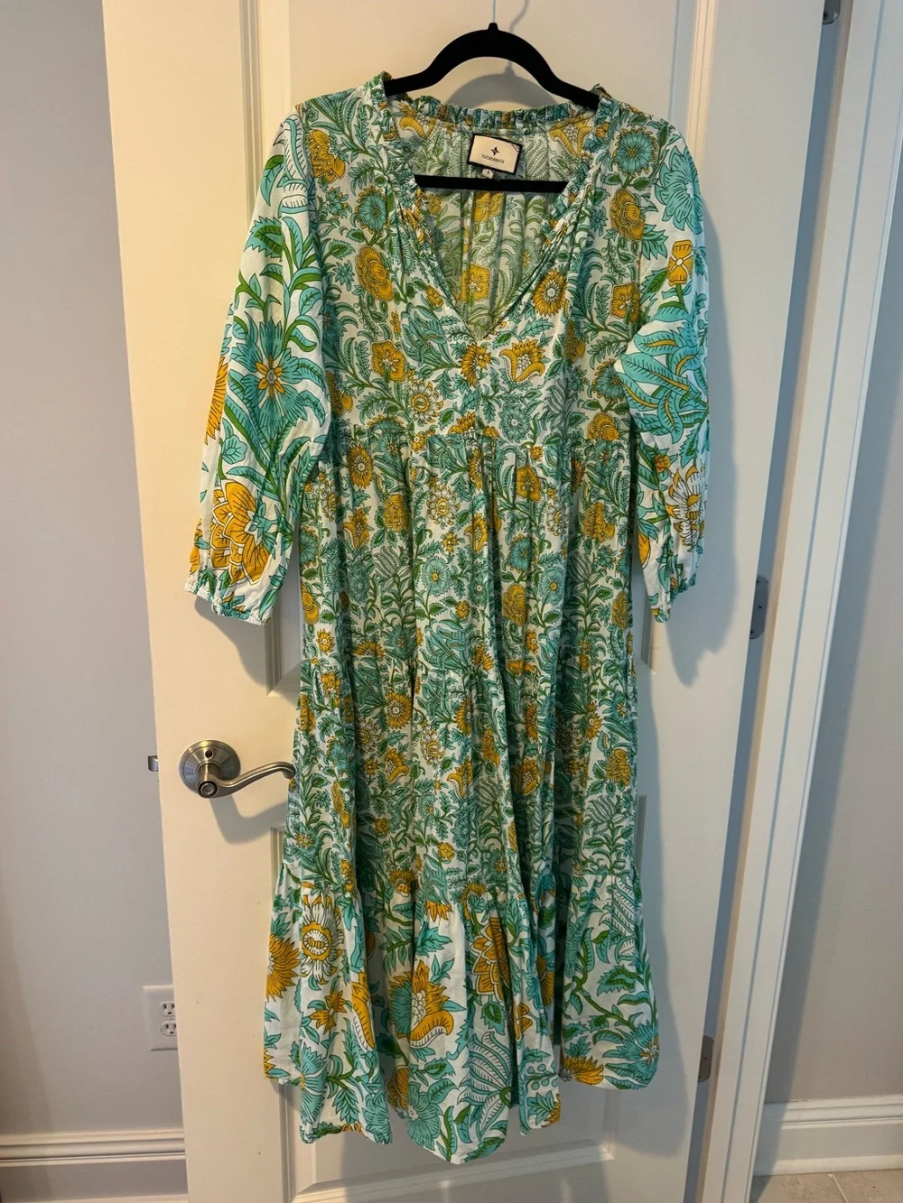 Tuckernuck Turquoise & Yellow Floral Tiered Midi Dress | S - Picture 3 of 5